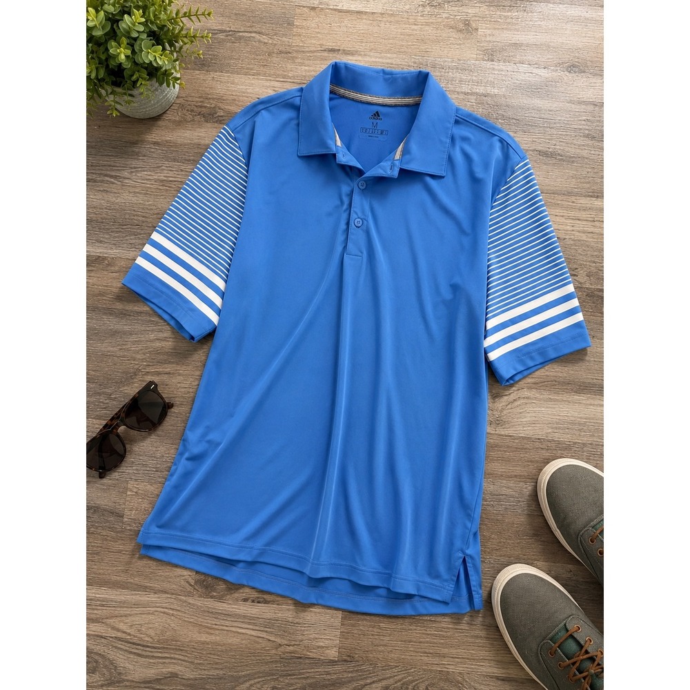 Adidas Golf Mens Blue Striped Sleeve Performance Polo Shirt Size Medium